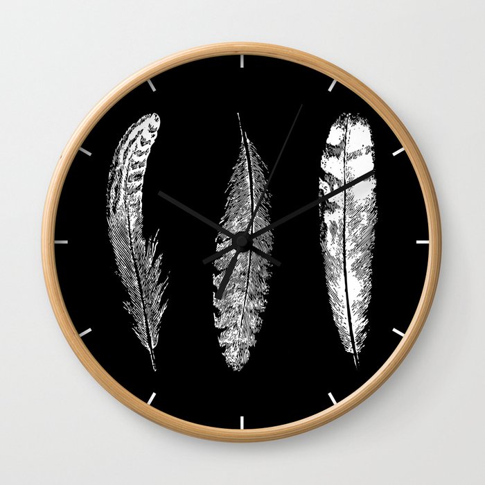 Feather Trio | Three Feathers | Bird Feathers | Black and White | Wall Clock