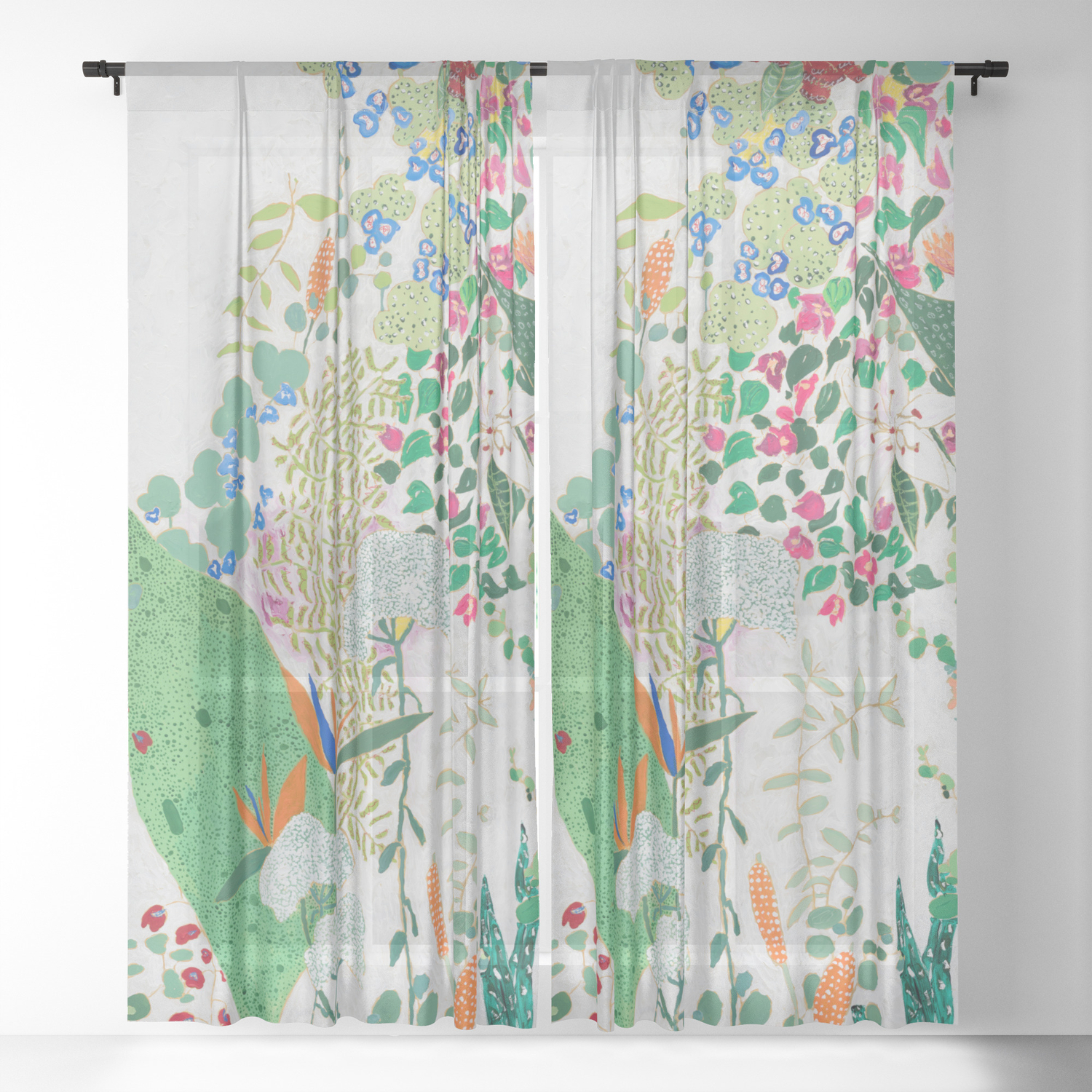 Painterly Floral Jungle On Pink And White Sheer Curtain By