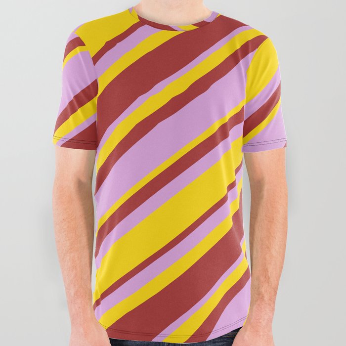 Yellow, Brown, and Plum Colored Pattern of Stripes All Over Graphic Tee