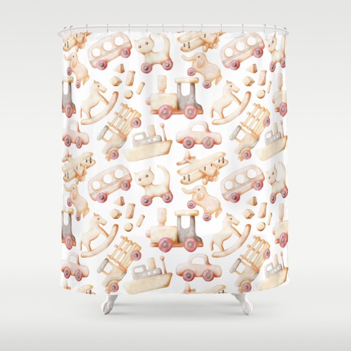 Wooden Toys Watercolor Pattern Illustration Shower Curtain