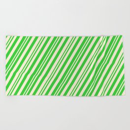 [ Thumbnail: Lime Green & Beige Colored Stripes/Lines Pattern Beach Towel ]