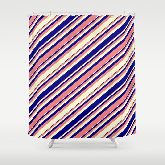 Light Coral, Light Yellow, and Blue Colored Lined/Striped Pattern Shower Curtain