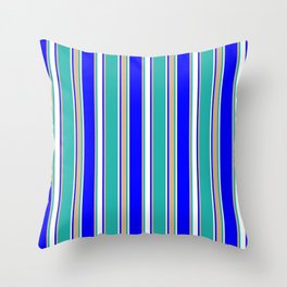 [ Thumbnail: Blue, Tan, Light Sea Green, and White Colored Striped Pattern Throw Pillow ]