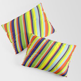 [ Thumbnail: Eye-catching Green, Yellow, Light Blue, Red & Midnight Blue Colored Lines/Stripes Pattern Pillow Sham ]