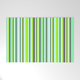 [ Thumbnail: Light Green, Dim Grey, Aquamarine, and Mint Cream Colored Stripes Pattern Welcome Mat ]