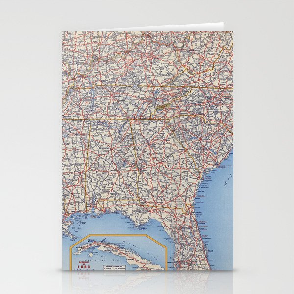 Highway Map Southeastern Section of the United States - Vintage Illustrated Map-road map Stationery Cards