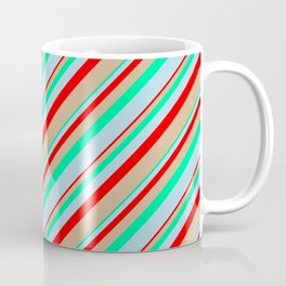 [ Thumbnail: Red, Tan, Green, and Light Blue Colored Lines Pattern Coffee Mug ]