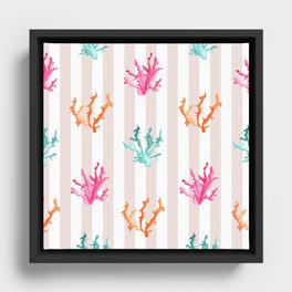 Colorful Coral Reef on Pastel Pink Stripes Framed Canvas