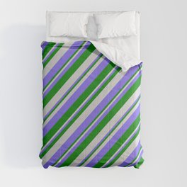[ Thumbnail: Light Gray, Medium Slate Blue & Green Colored Lines/Stripes Pattern Comforter ]