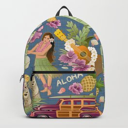 Hula Half Drop Backpack | Digital, Ukelele, Graphicdesign, Huladancer, Flowers, Hibiscus, Parrot, Tropicaldrinks, Tiki, Retro 