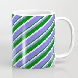 [ Thumbnail: Lavender, Medium Slate Blue & Green Colored Lines Pattern Coffee Mug ]