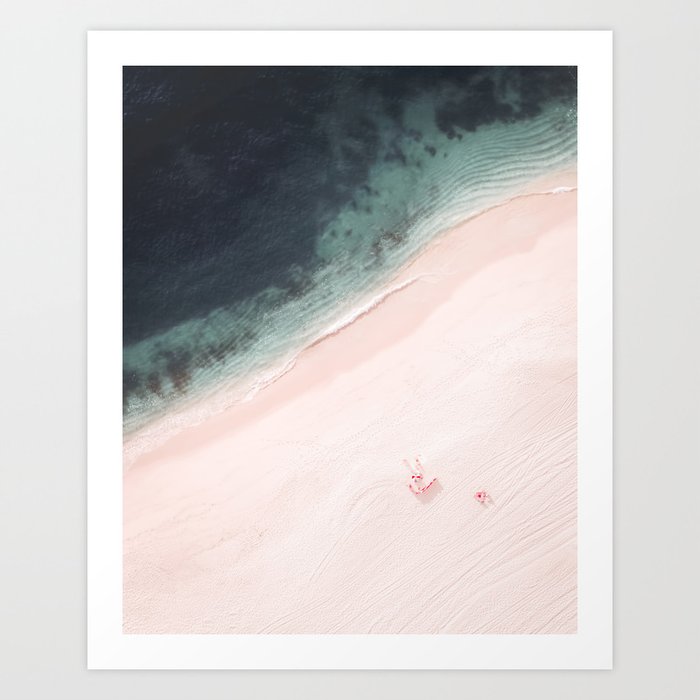 Aerial Beach Love - Pastel Pink sand - Ocean - Sea Travel photography Art Print