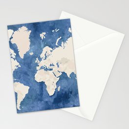 Navy blue watercolor and light brown world map Stationery Card
