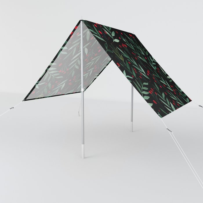 Festive watercolor branches - black, red and green Sun Shade