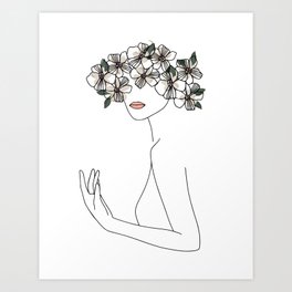 Woman with Flowers Minimal Line Art Art Print