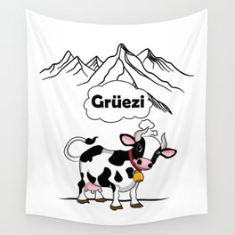 Swiss Cow - Gruezi Switzerland Travel Wall Tapestry