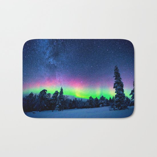Aurora Borealis Over Wintry Mountains Bath Mat