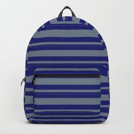 [ Thumbnail: Midnight Blue & Slate Gray Colored Lined Pattern Backpack ]