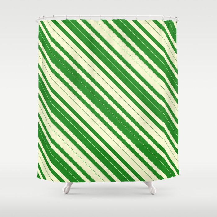 Light Yellow & Forest Green Colored Lined/Striped Pattern Shower Curtain