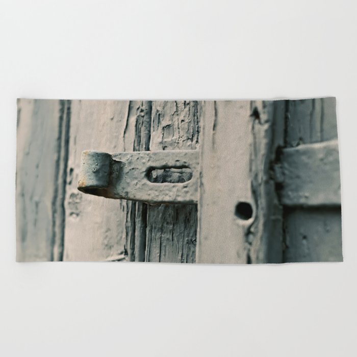 Detail of a old handle on an pastel green barn door | Street & Macro Photography | Fine Art Photo Print Beach Towel