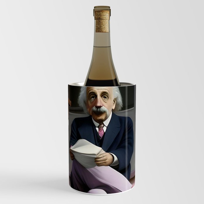 Albert Einstein sitting on porch in pink fuzzy slippers humorous satirical portrait painting Wine Chiller