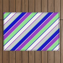 [ Thumbnail: Light Gray, Light Green, Blue, White & Dark Orchid Colored Lined Pattern Outdoor Rug ]