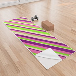[ Thumbnail: Purple, Hot Pink, Green & Bisque Colored Lined Pattern Yoga Towel ]