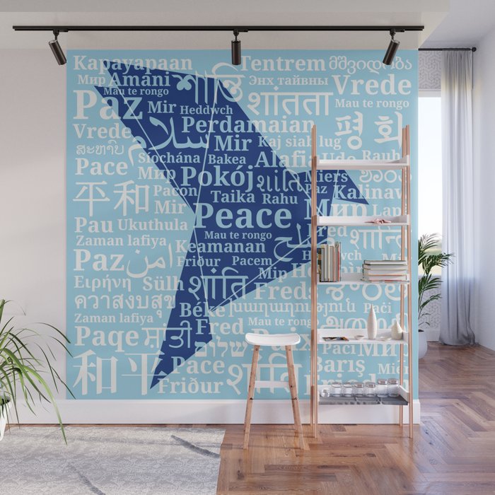 Dove-origami on the background of the word "Peace" in different languages of the World Wall Mural