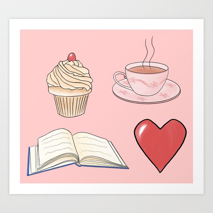 Cupcake tea book heart love Art Print