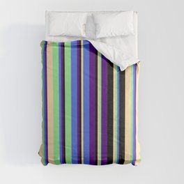 [ Thumbnail: Eye-catching Indigo, Royal Blue, Light Green, Tan & Black Colored Stripes Pattern Comforter ]