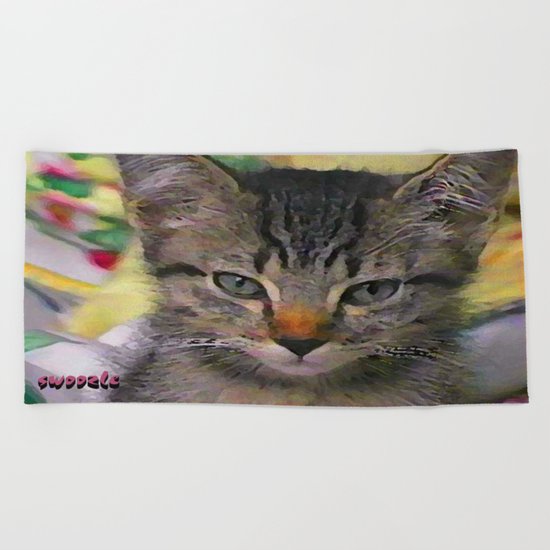 Swoozle's Tabby Kitten After Nap Beach Towel
