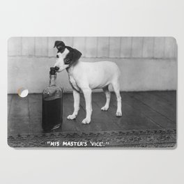 His Master’s Vice; Dog with bottle of master's whiskey black and white photograph - photography - photographs Cutting Board