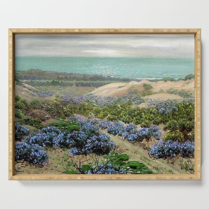 Bluebonnet flowers & San Francisco Sand Dunes nautical seaside landscape painting by Theodore Wores Serving Tray