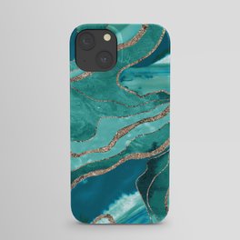 Soft Turquoise Teal Marble Agate Gold Glitter Glam #1 (Faux Glitter) #decor #art #society6 iPhone Case