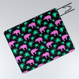 Wild African pink little elephant silhouettes and bright green exotic tropical leaves black pattern. Picnic Blanket