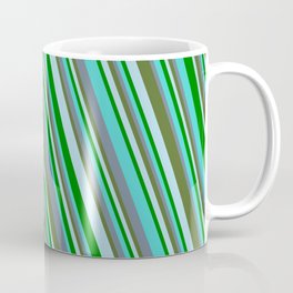 [ Thumbnail: Turquoise, Slate Gray, Dark Olive Green, Light Blue, and Green Colored Striped/Lined Pattern Coffee Mug ]