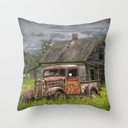 Old Vintage Pickup in front of an Abandoned Farm House Throw Pillow