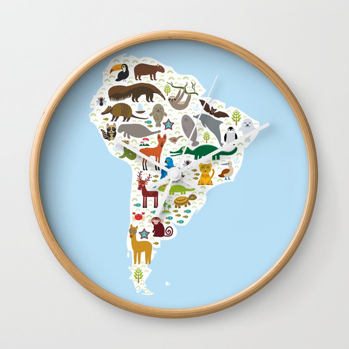 South America Sloth Anteater Toucan Lama Bat Fur Seal Armadillo Boa South America Sloth Anteater Toucan Lama Bat Fur Seal Armadillo Boa Manatee Monkey Dolphin Wall Clock