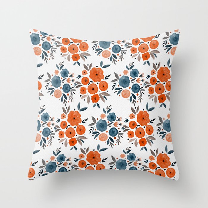 Wild flowers - indigo and orange Throw Pillow