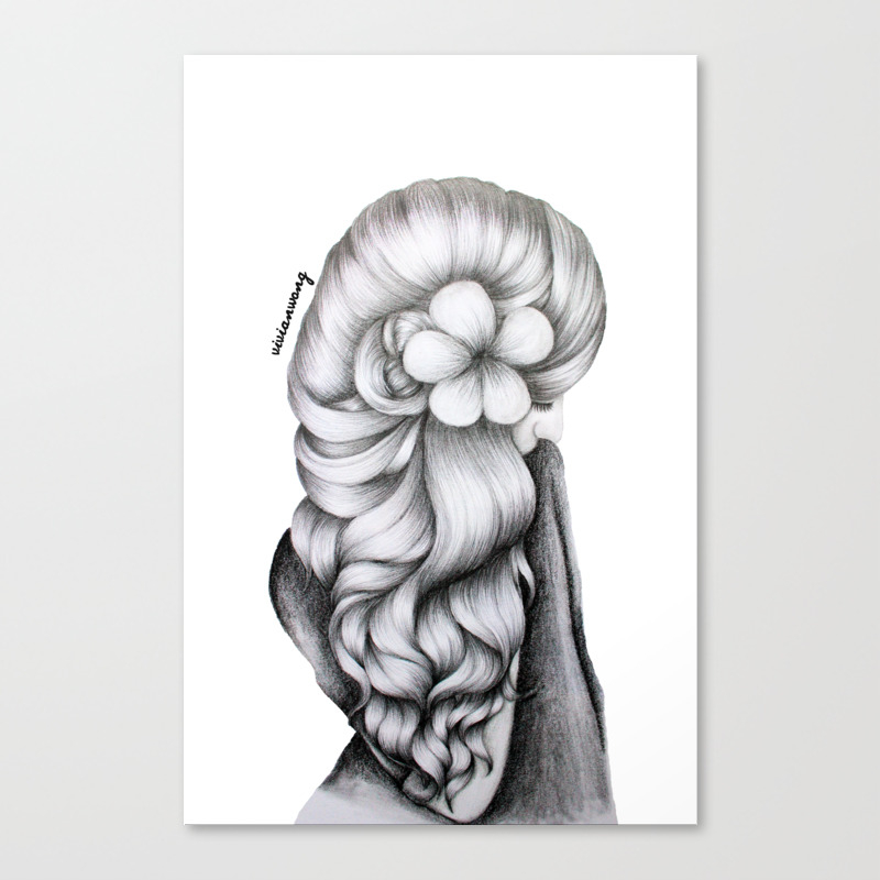 Black White Pencil Sketch Wavy Hair Flower Girl Canvas Print