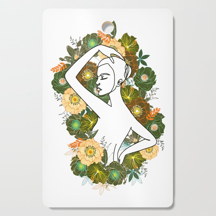 Woman with Flowers Abstract Line Art Cutting Board
