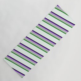 [ Thumbnail: Eye-catching Purple, Grey, Forest Green, Mint Cream, and Black Colored Lined/Striped Pattern Yoga Mat ]