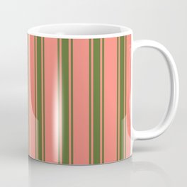 [ Thumbnail: Salmon & Dark Olive Green Colored Stripes Pattern Coffee Mug ]