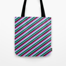 [ Thumbnail: Eyecatching Orchid, Turquoise, Dark Slate Gray, Light Sea Green & Maroon Colored Stripes Pattern Tote Bag ]