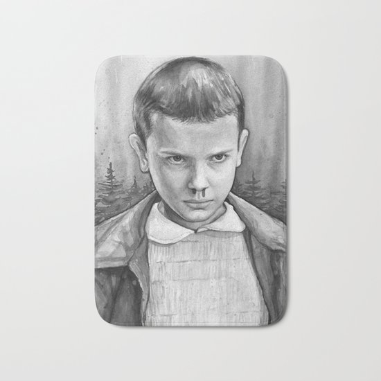 Stranger Things Eleven Watercolor Painting Black and White Bath Mat