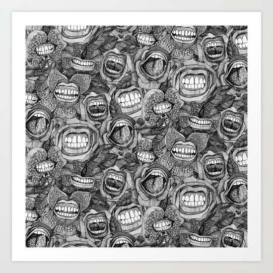 BITE ME roses and orchids BLACK WHITE Art Print