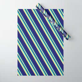 [ Thumbnail: Dark Turquoise, Tan, and Midnight Blue Colored Lines/Stripes Pattern Wrapping Paper ]