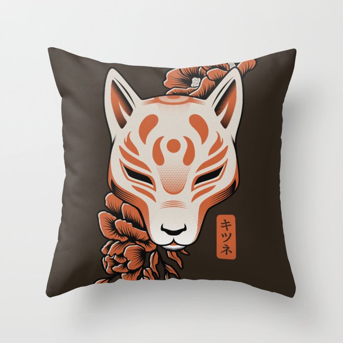 Kitsune Japanese Fox Mask Throw Pillow