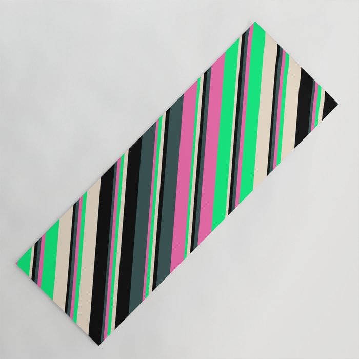 Eyecatching Dark Slate Gray, Hot Pink, Green, Beige, and Black Colored Lines Pattern Yoga Mat