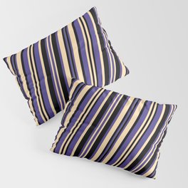 [ Thumbnail: Dark Slate Blue, Tan & Black Colored Pattern of Stripes Pillow Sham ]